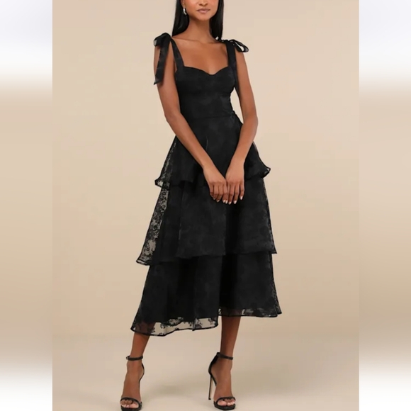 Lulu's Sweetie Black Burnout Tie-Strap Bustier Midi Dress - Picture 2 of 7